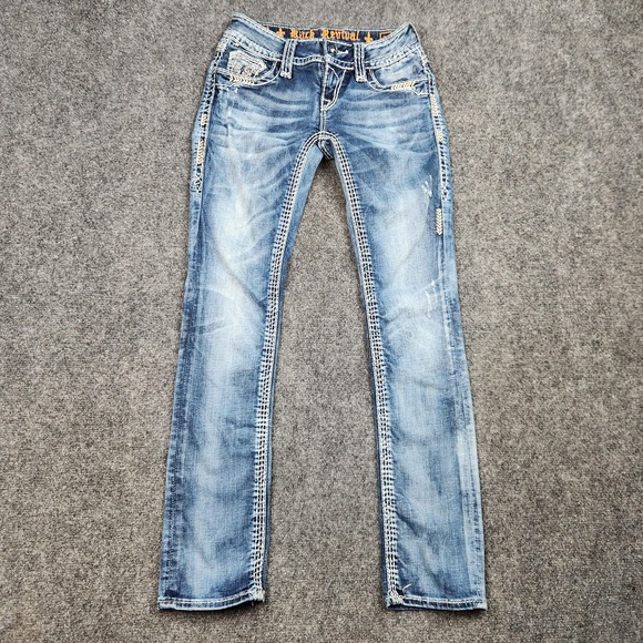 Rock Revival Jeans Womens 25 Blue Jackson Straight Distressed Embroidered Denim - Picture 1 of 16